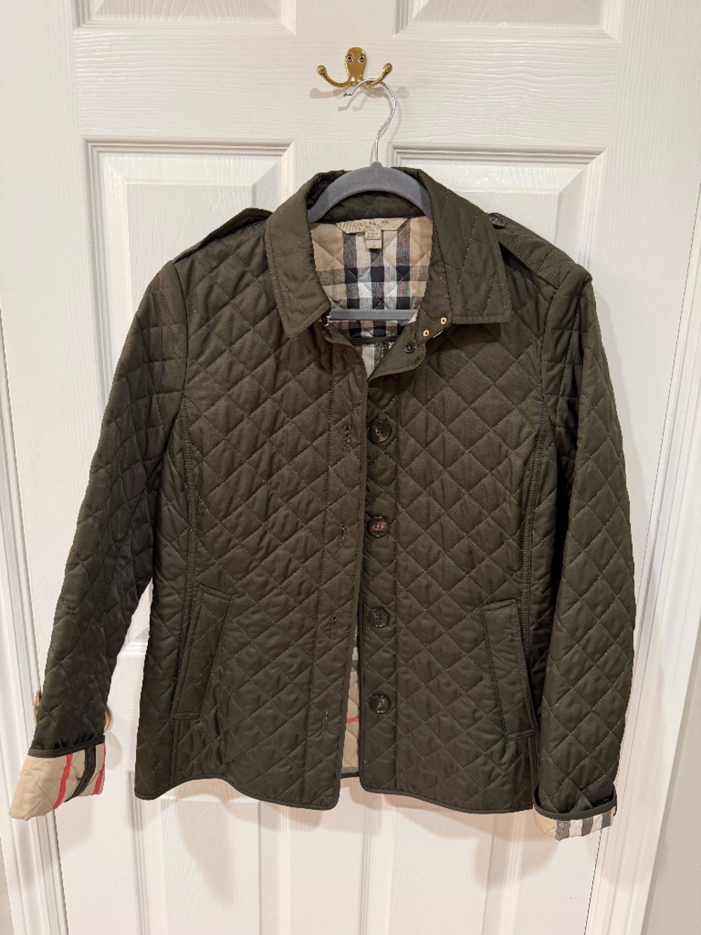 Burberry Brit Olive Green Quilted Jacket Nova Check Lining Women’s Size M